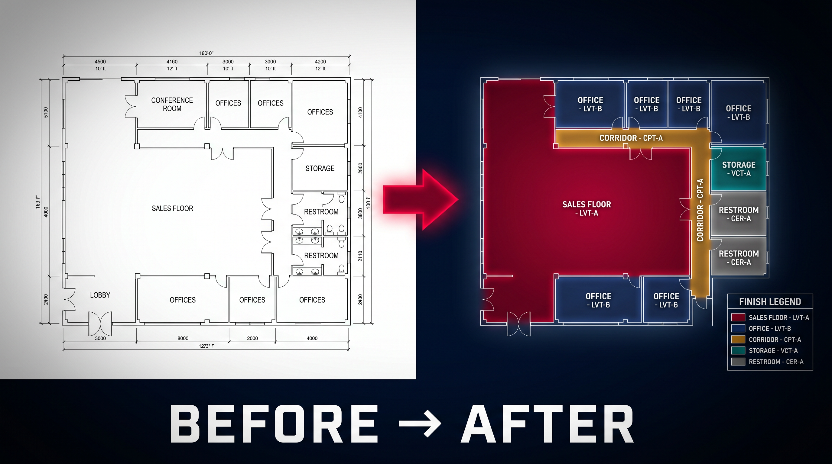 Flooring takeoff before and after — color-coded floor plan markup
